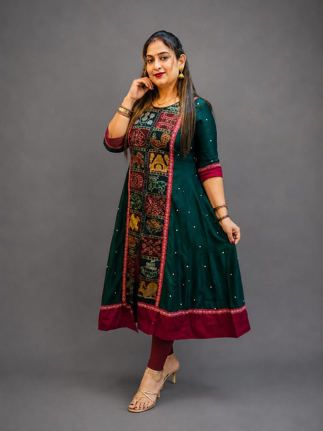 Women’s Sambalpuri Cotton Kurti – Bottle Green & Maroon Ethnic Wear
