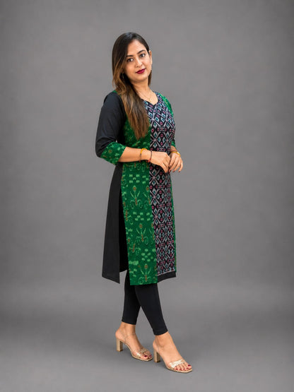 Women’s Sambalpuri Cotton Kurti – Green & Black Ethnic Wear