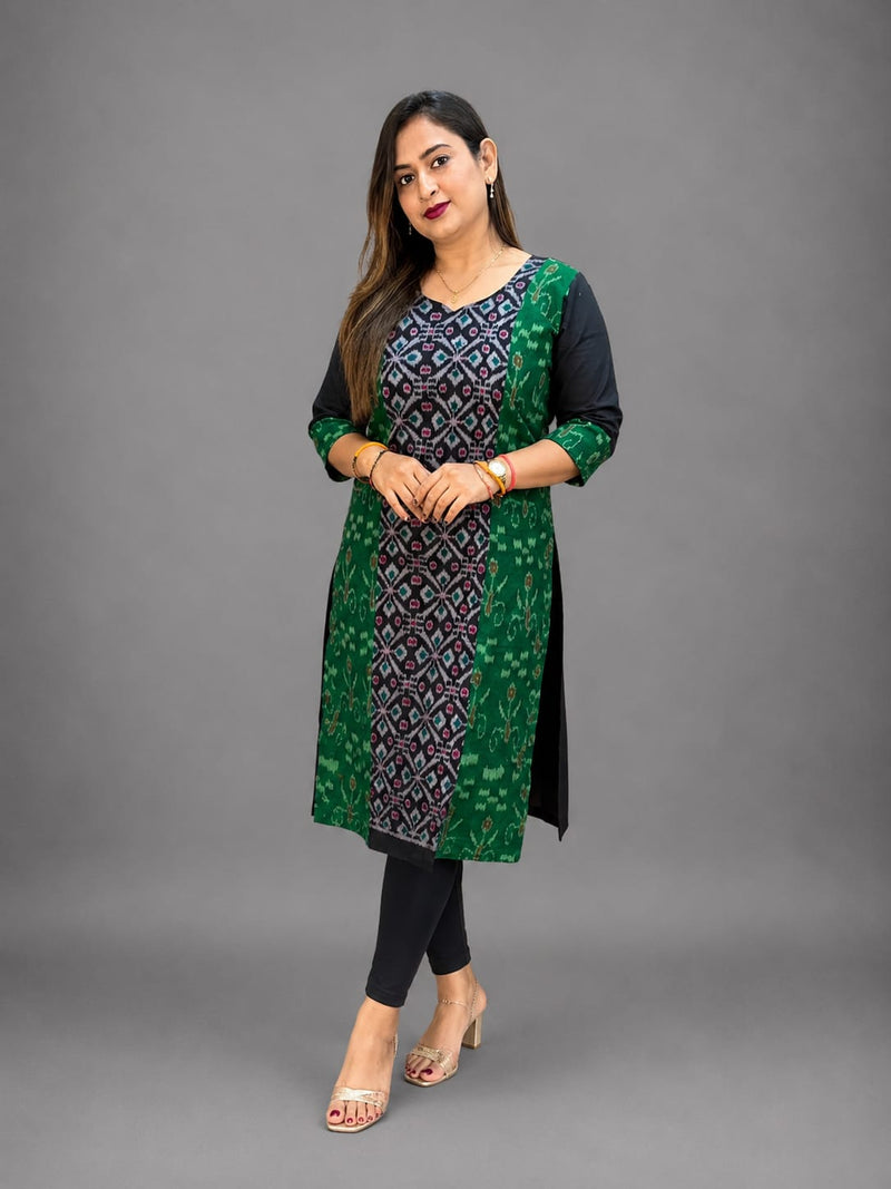 Women’s Sambalpuri Cotton Kurti – Green & Black Ethnic Wear
