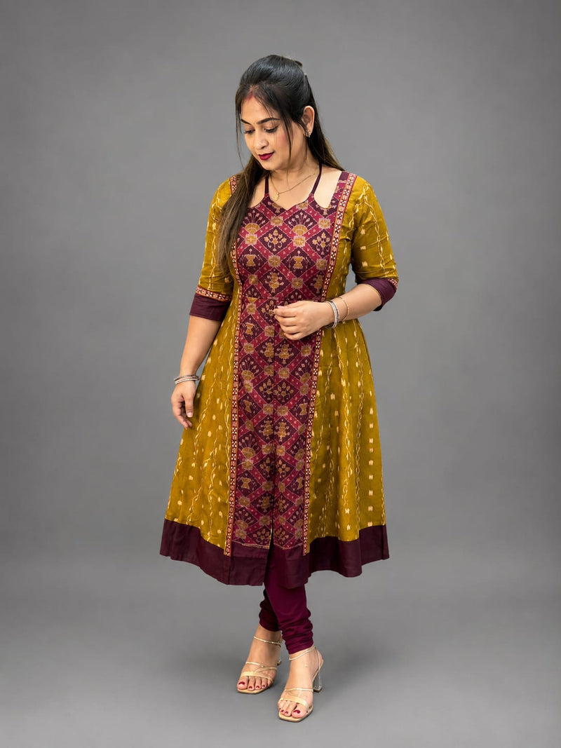 Women’s Sambalpuri Cotton Kurti – Mustard & Maroon Ethnic Wear