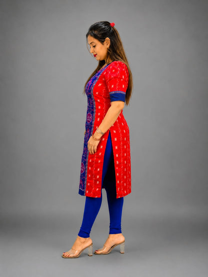 Women’s Sambalpuri Cotton Kurti – Red & Royal Blue Ethnic Wear