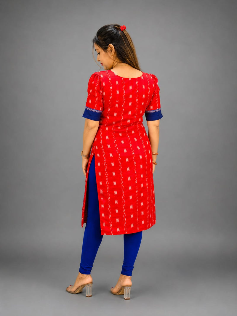Women’s Sambalpuri Cotton Kurti – Red & Royal Blue Ethnic Wear
