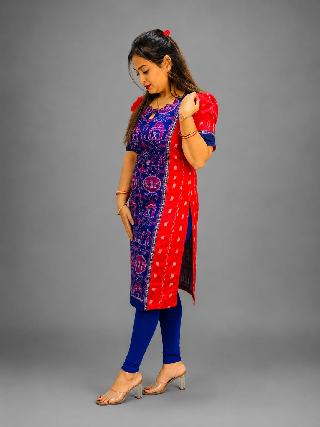 Women’s Sambalpuri Cotton Kurti – Red & Royal Blue Ethnic Wear