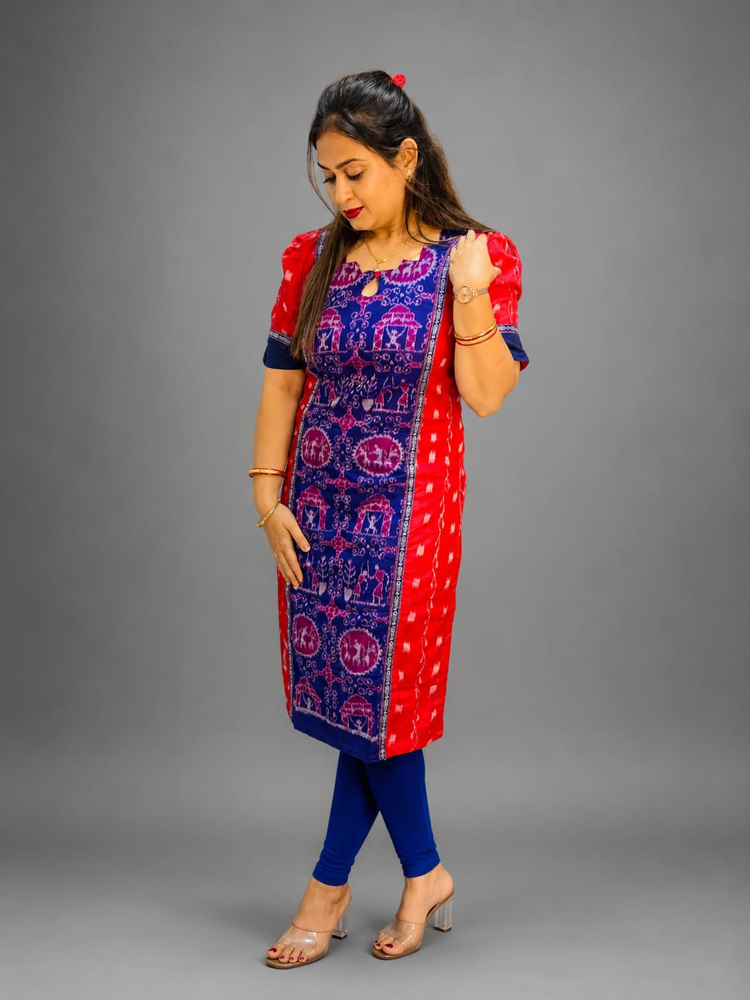Women’s Sambalpuri Cotton Kurti – Red & Royal Blue Ethnic Wear