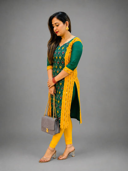 Women’s Sambalpuri Cotton Kurti – Green & Mustard Ethnic Wear