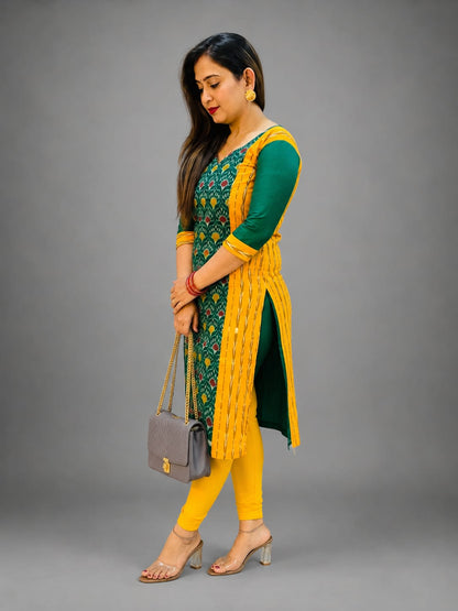 Women’s Sambalpuri Cotton Kurti – Green & Mustard Ethnic Wear