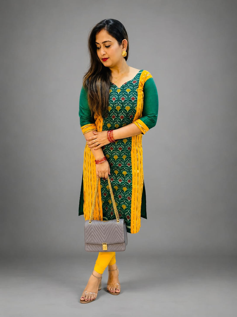 Women’s Sambalpuri Cotton Kurti – Green & Mustard Ethnic Wear