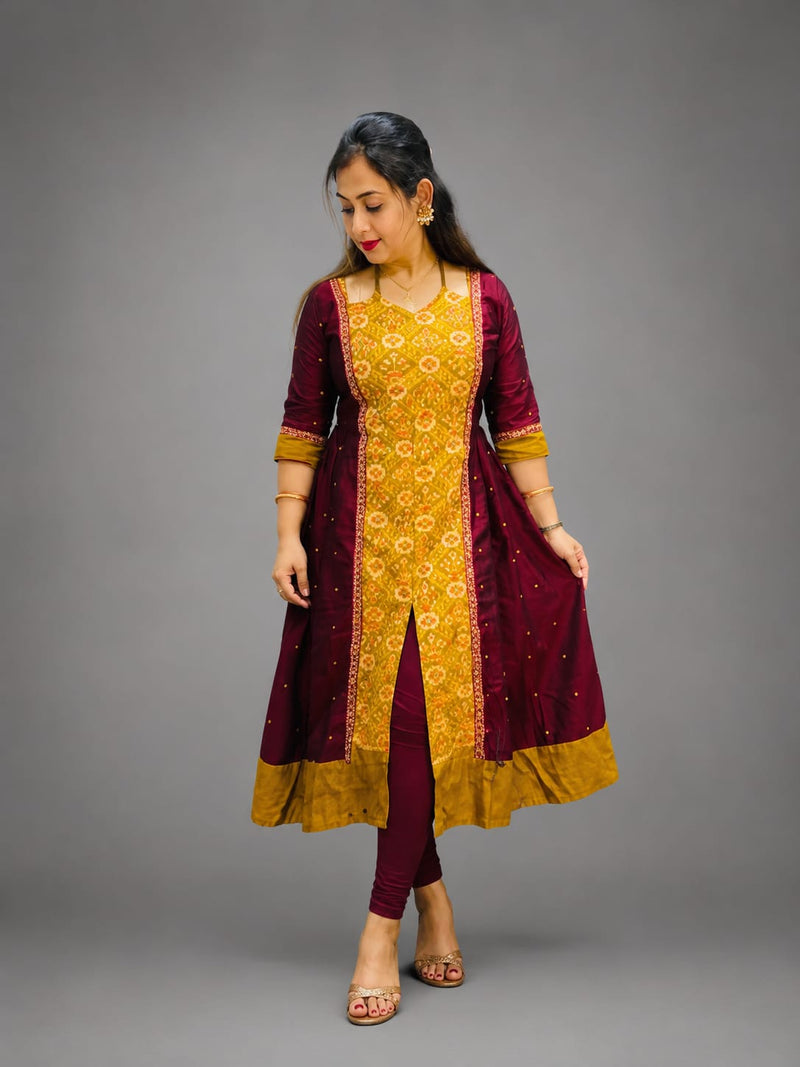 Women’s Sambalpuri Cotton Kurti – Maroon & Mustard Ethnic Wear
