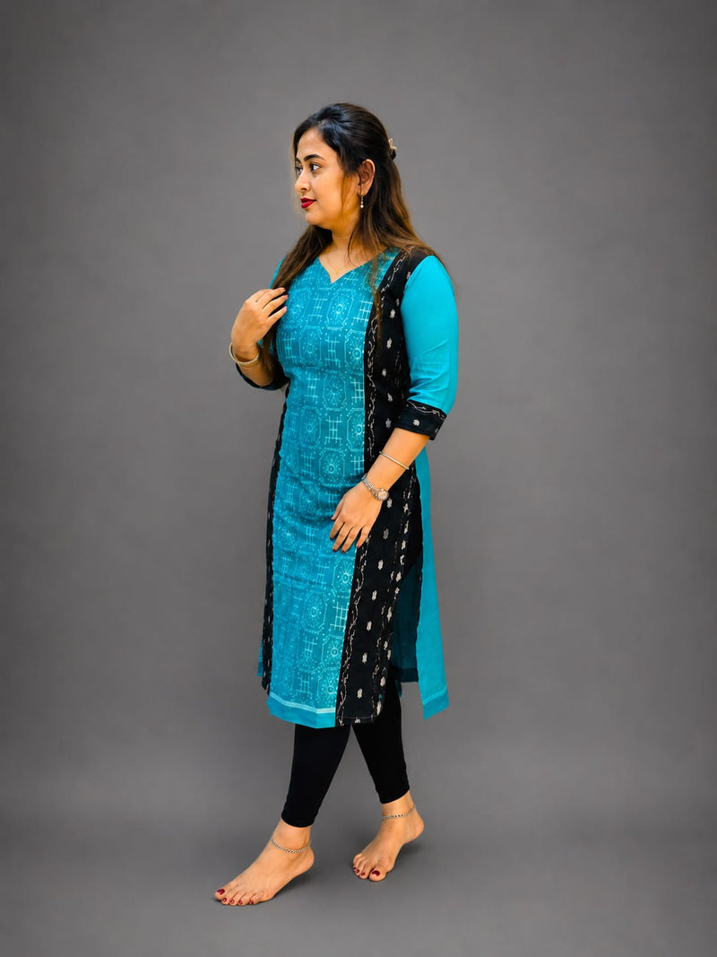 Women’s Sambalpuri Cotton Kurti – Sky Blue & Black Ethnic Wear