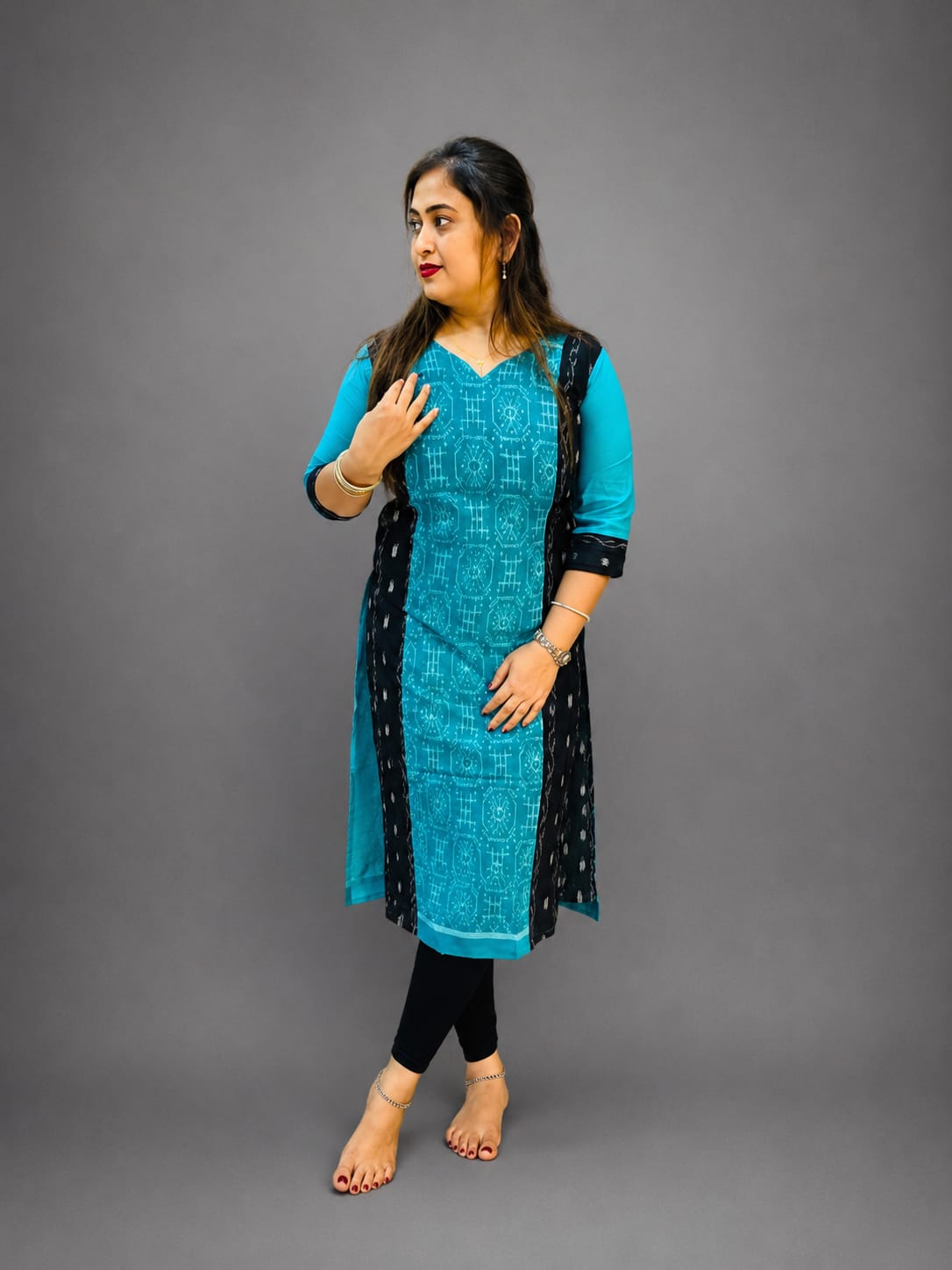 Women’s Sambalpuri Cotton Kurti – Sky Blue & Black Ethnic Wear