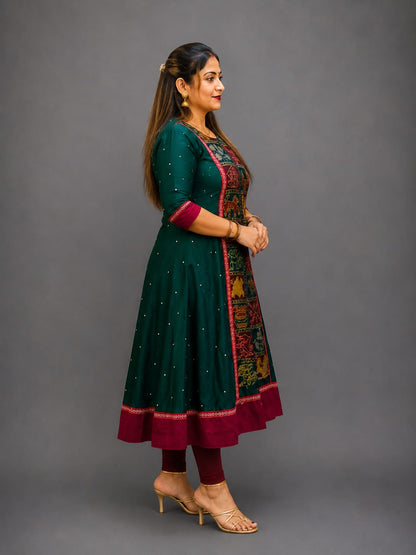 Women’s Sambalpuri Cotton Kurti – Bottle Green & Maroon Ethnic Wear