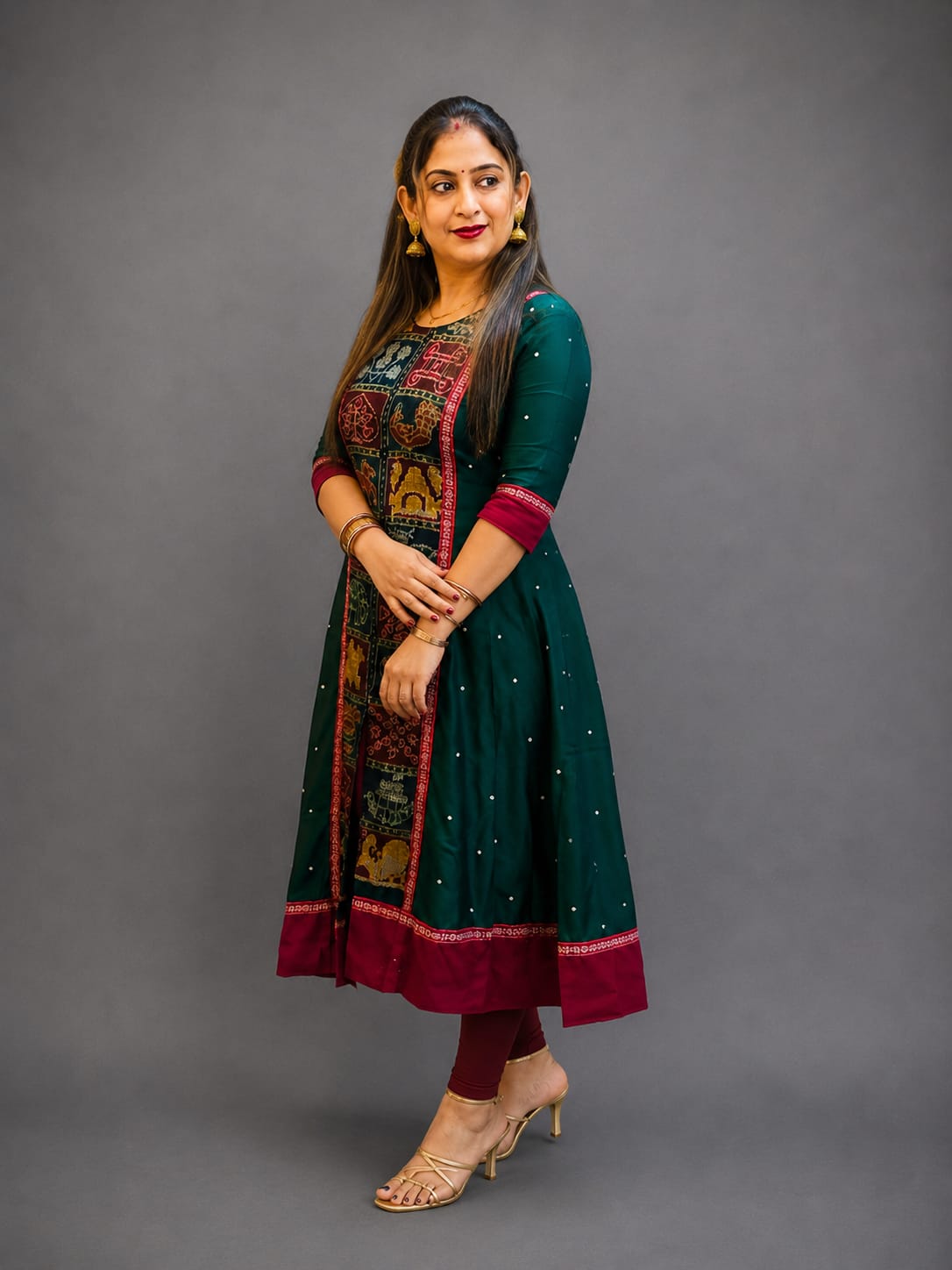 Women’s Sambalpuri Cotton Kurti – Bottle Green & Maroon Ethnic Wear