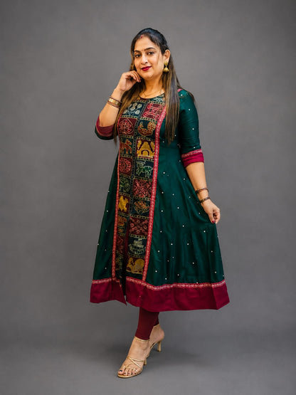 Women’s Sambalpuri Cotton Kurti – Bottle Green & Maroon Ethnic Wear