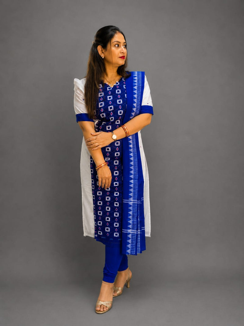Women’s Sambalpuri Cotton Kurti – White & Royal Blue Ethnic Wear