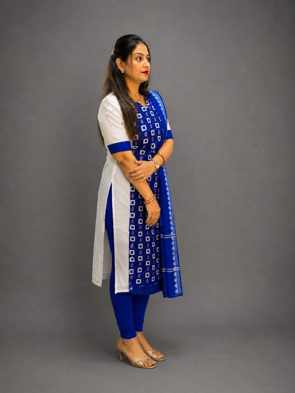 Women’s Sambalpuri Cotton Kurti – White & Royal Blue Ethnic Wear