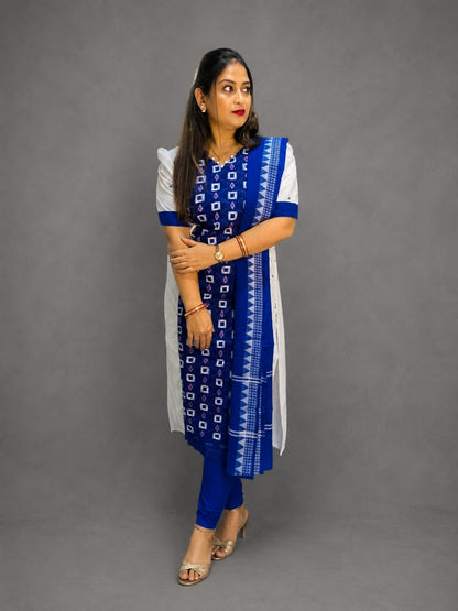 Women’s Sambalpuri Cotton Kurti – White & Royal Blue Ethnic Wear