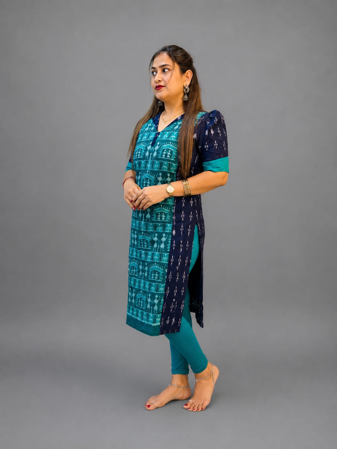 Women’s Sambalpuri Cotton Kurti – Teal Blue & Navy Ethnic Wear