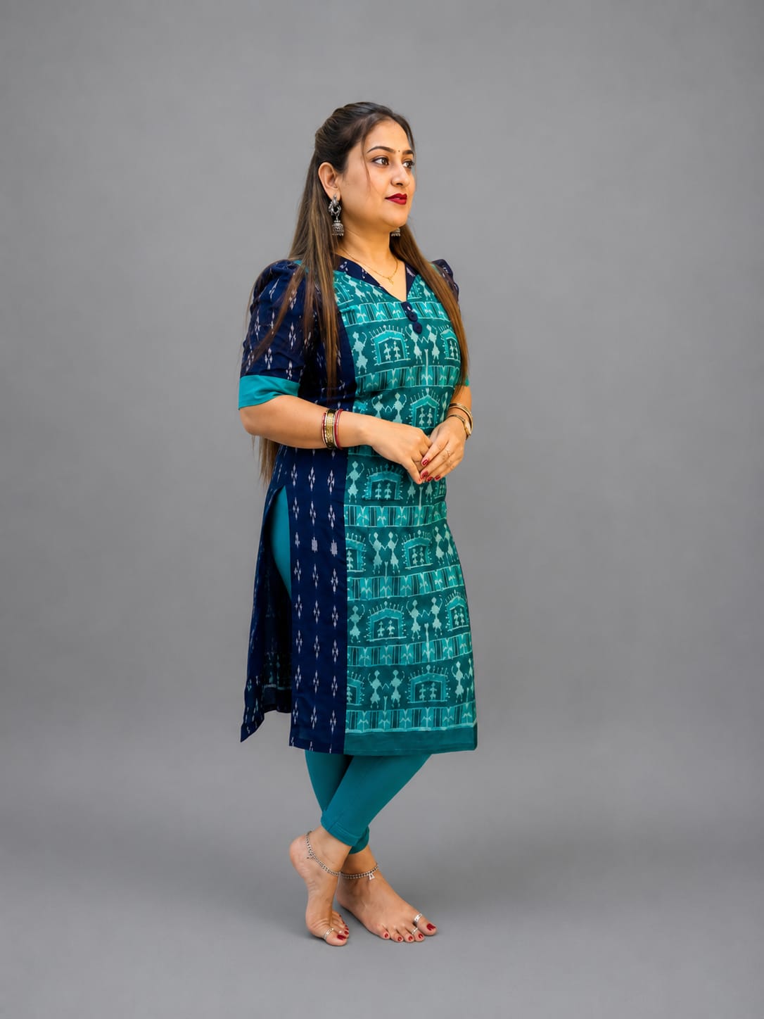Women’s Sambalpuri Cotton Kurti – Teal Blue & Navy Ethnic Wear