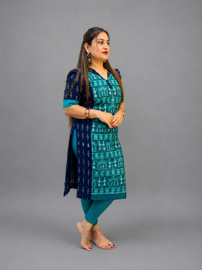 Women’s Sambalpuri Cotton Kurti – Teal Blue & Navy Ethnic Wear