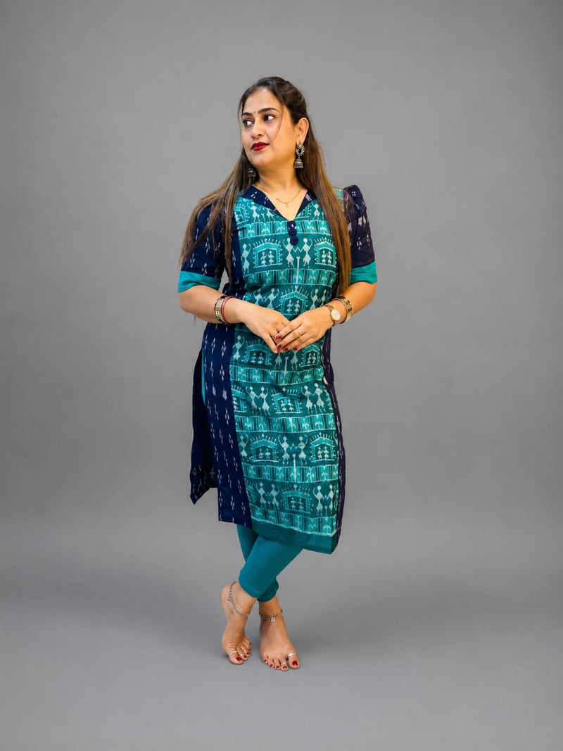 Women’s Sambalpuri Cotton Kurti – Teal Blue & Navy Ethnic Wear