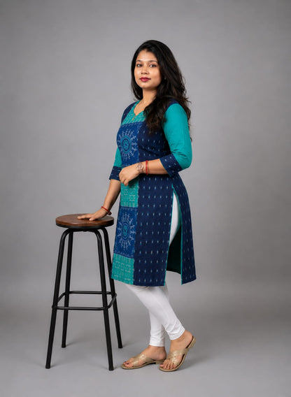 Women’s Sambalpuri Cotton Kurti – Navy Blue & Teal Ethnic Wear