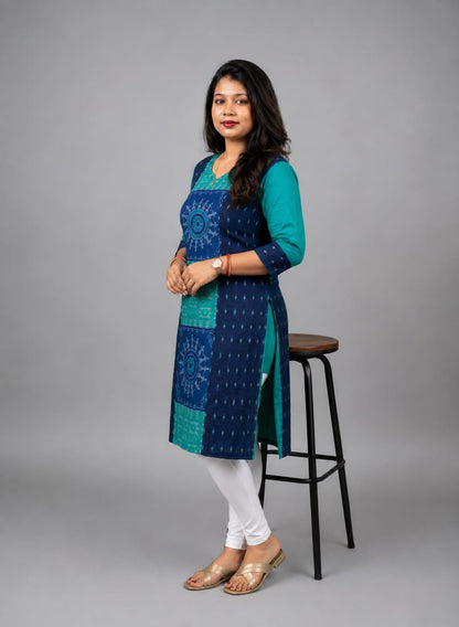 Women’s Sambalpuri Cotton Kurti – Navy Blue & Teal Ethnic Wear