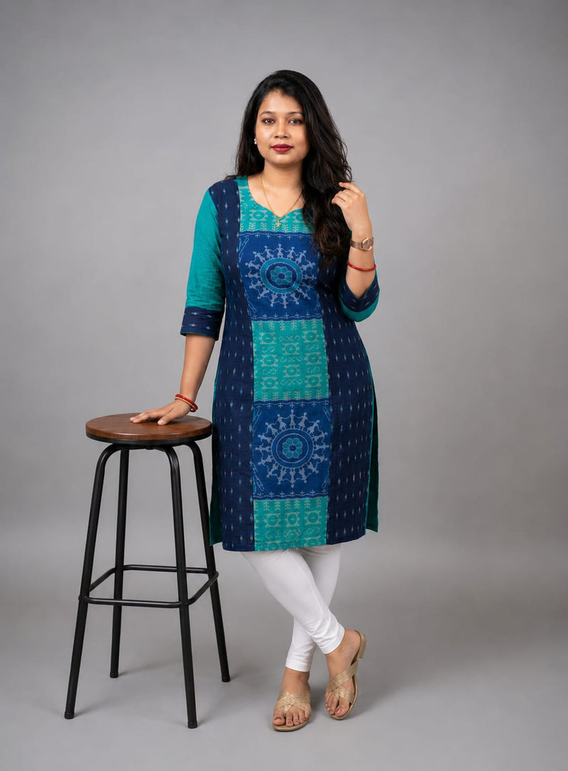Women’s Sambalpuri Cotton Kurti – Navy Blue & Teal Ethnic Wear