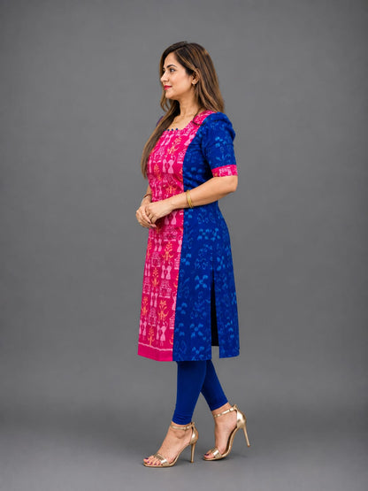 Elegant Sambalpuri Cotton Kurti for Women – Blue & Pink Ethnic Wear
