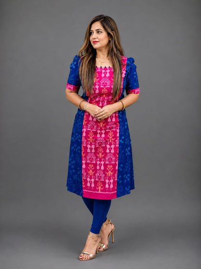 Elegant Sambalpuri Cotton Kurti for Women – Blue & Pink Ethnic Wear