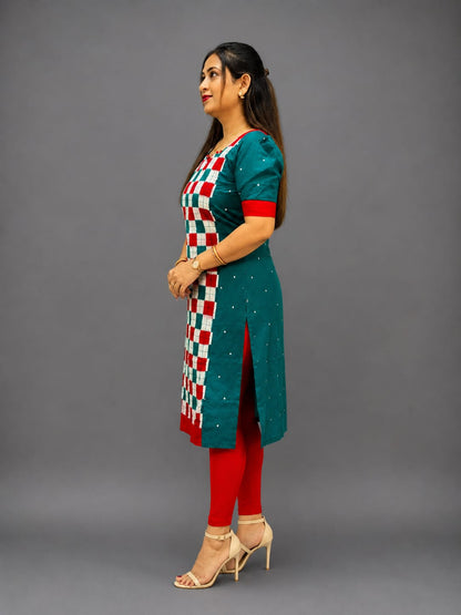 Trendy Sambalpuri Cotton Kurti for Women – Green & Red Checked Ethnic Wear