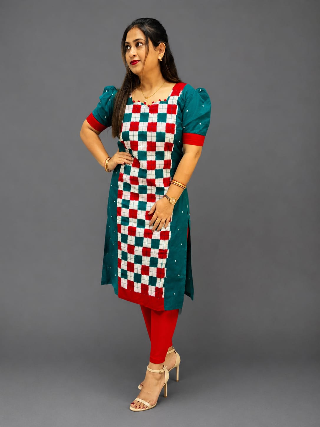 Trendy Sambalpuri Cotton Kurti for Women – Green & Red Checked Ethnic Wear