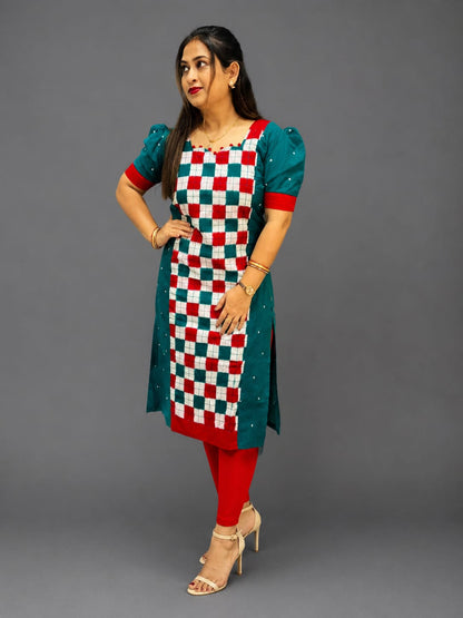 Trendy Sambalpuri Cotton Kurti for Women – Green & Red Checked Ethnic Wear