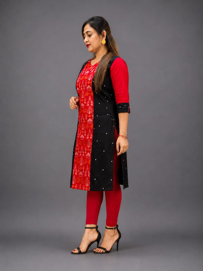 Elegant Red & Black Sambalpuri Cotton Kurti for Women – Traditional Ethnic Wear