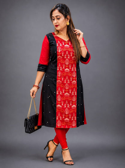 Elegant Red & Black Sambalpuri Cotton Kurti for Women – Traditional Ethnic Wear