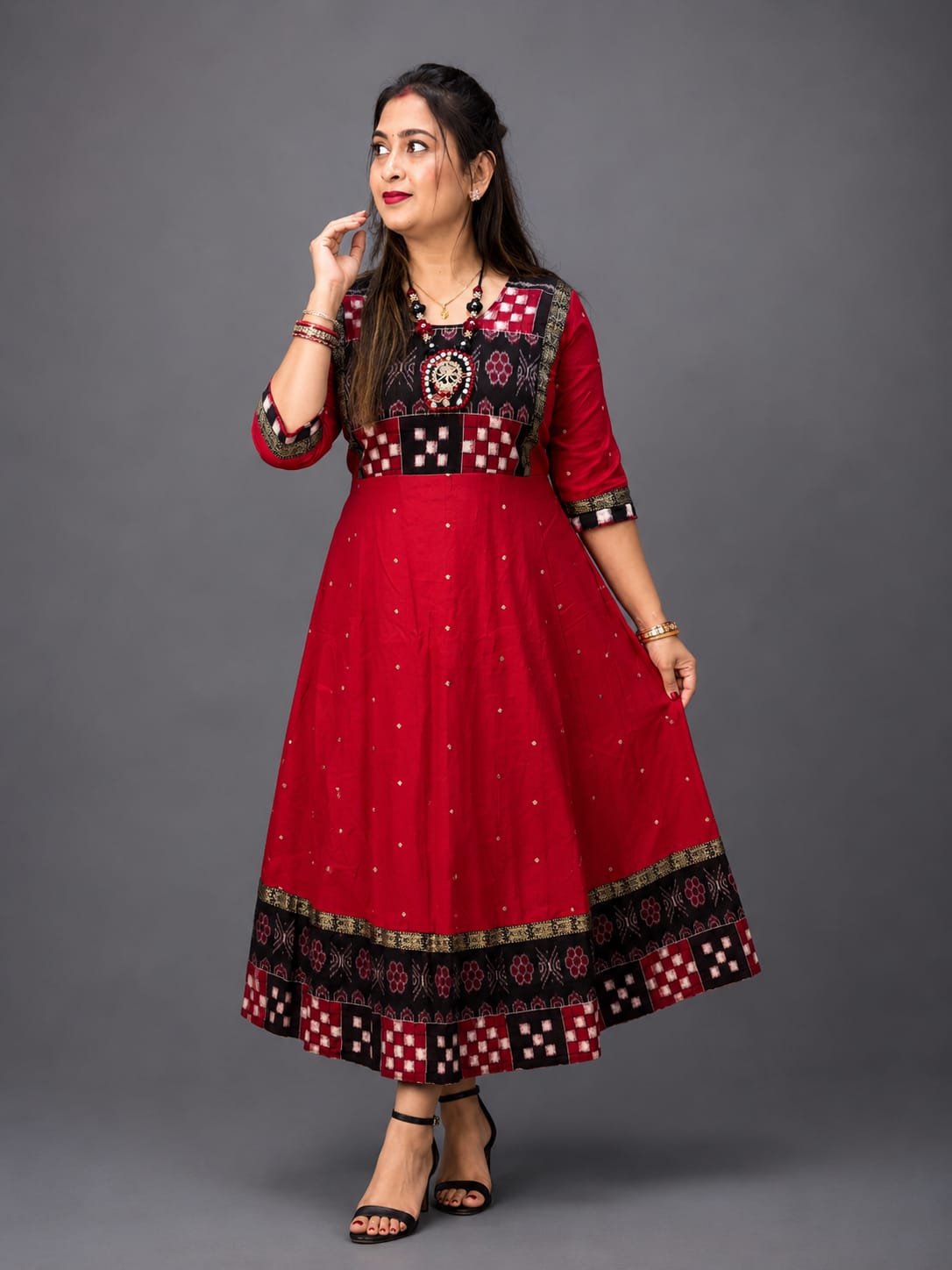 Beautiful Red Sambalpuri Cotton Anarkali Kurti for Women – Ethnic Party Wear