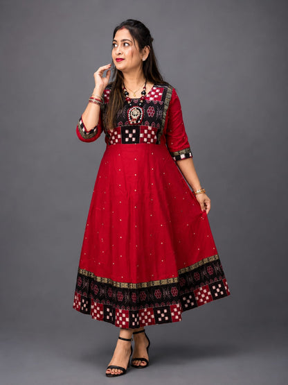 Beautiful Red Sambalpuri Cotton Anarkali Kurti for Women – Ethnic Party Wear