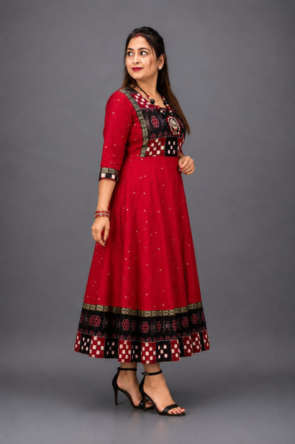 Beautiful Red Sambalpuri Cotton Anarkali Kurti for Women – Ethnic Party Wear