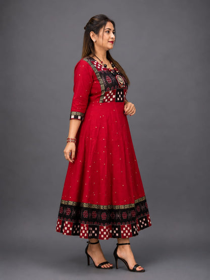Beautiful Red Sambalpuri Cotton Anarkali Kurti for Women – Ethnic Party Wear