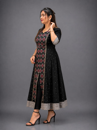 Elegant Black Sambalpuri Cotton Anarkali Kurti for Women – Designer Ethnic Wear