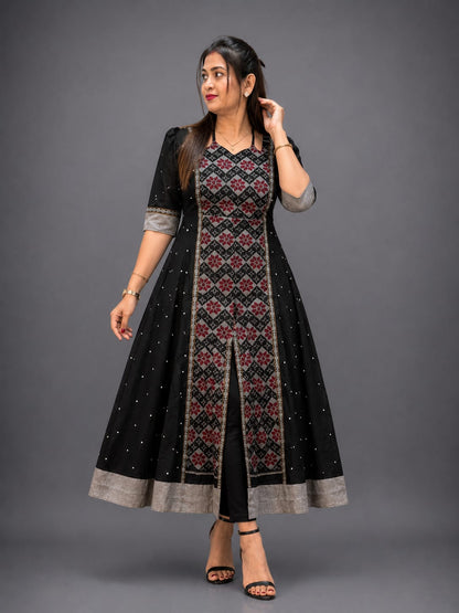 Elegant Black Sambalpuri Cotton Anarkali Kurti for Women – Designer Ethnic Wear