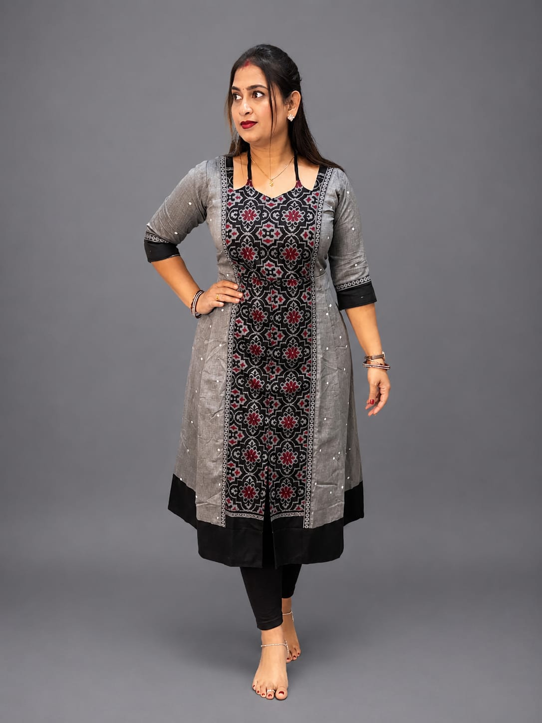 Women’s Sambalpuri Cotton Kurti – Grey & Black Ethnic Wear