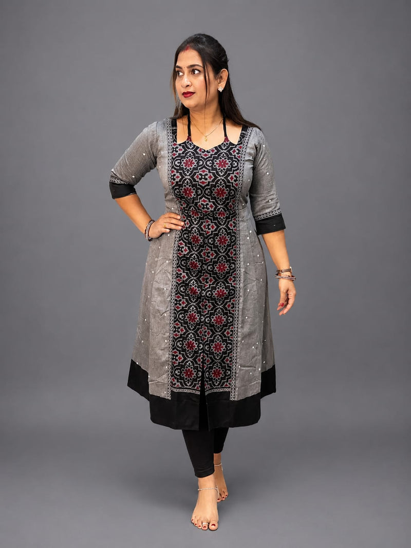 Women’s Sambalpuri Cotton Kurti – Grey & Black Ethnic Wear